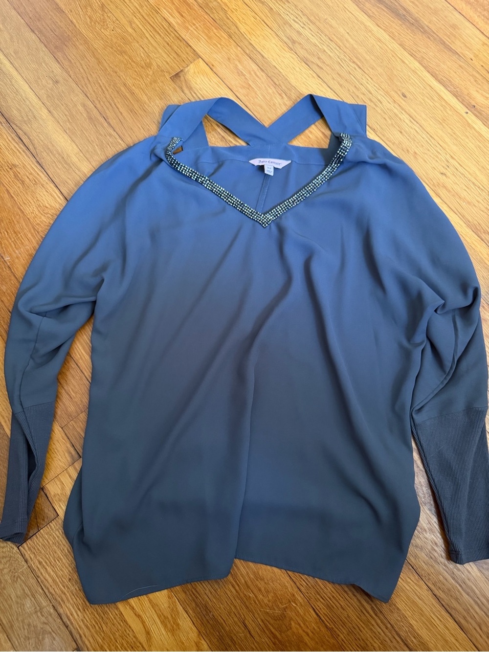 Juicy Couture blue/gray long sleeve top with rhinestone trim